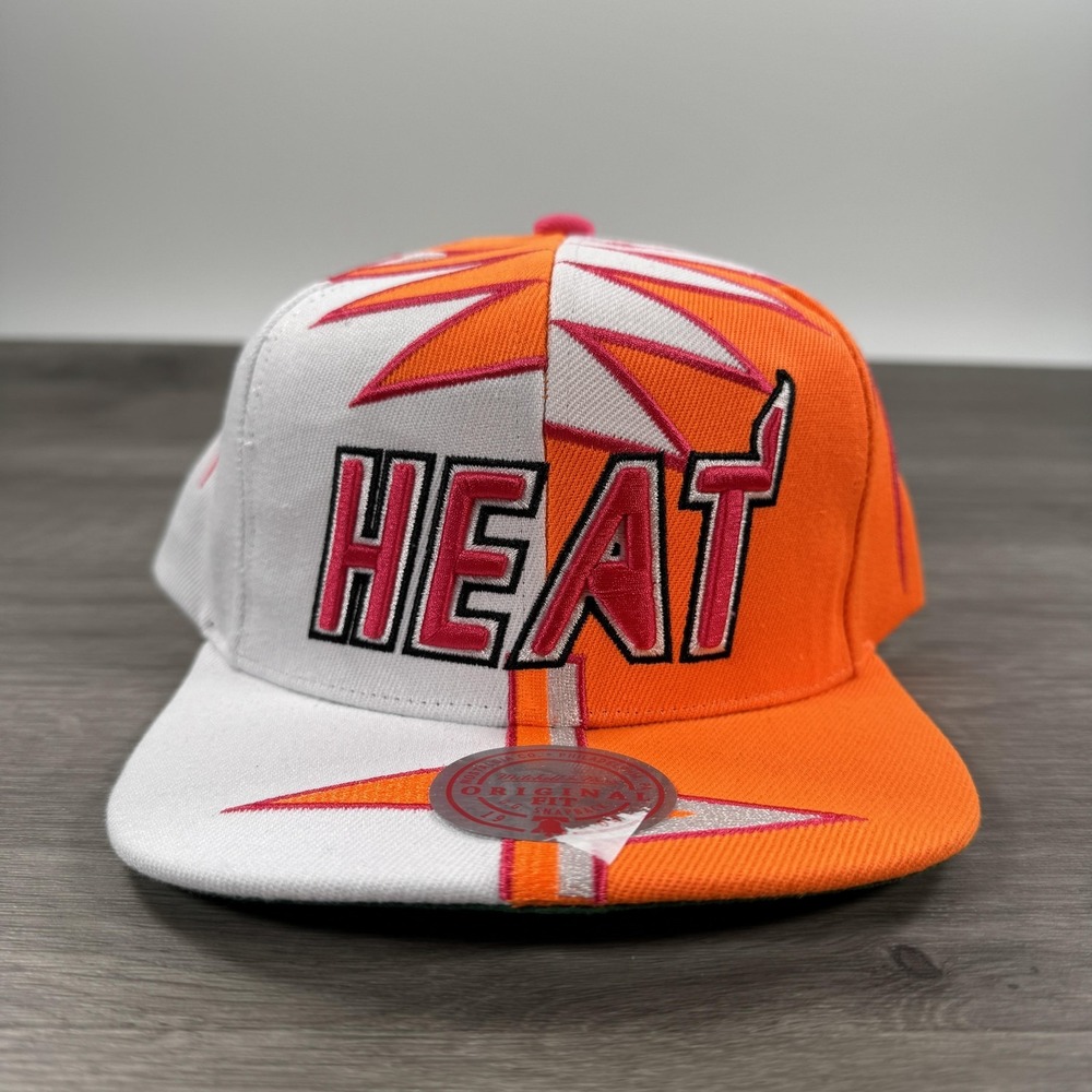 Mitchell Ness Miami Heat Hat Cap Snapback NBA White Orange Shockwave Mens